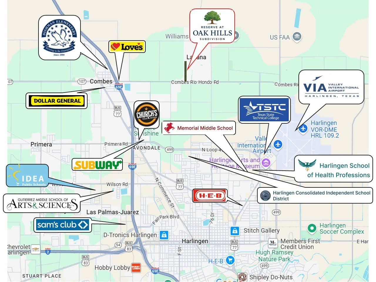 Map showing Reserve at Oak Hills near Love's, Dollar General, Subway, Sam's Club, H-E-B, TSTC, VIA Airport, HCISD, Memorial Middle School, IDEA Public Schools